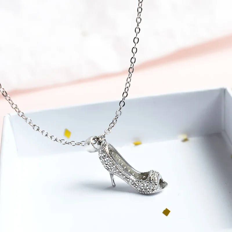 

S925 Fine Silver Crystal Glass Shoes Necklace CHIC Korean-style Cool Women's Silver Necklace High Heel Shoes Choker Accessories