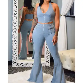 

Women Two Piece Pants Set Casual Streetwear Halter Neck Crop Top Flare Jeans Denim Suit Tracksuit Outfits