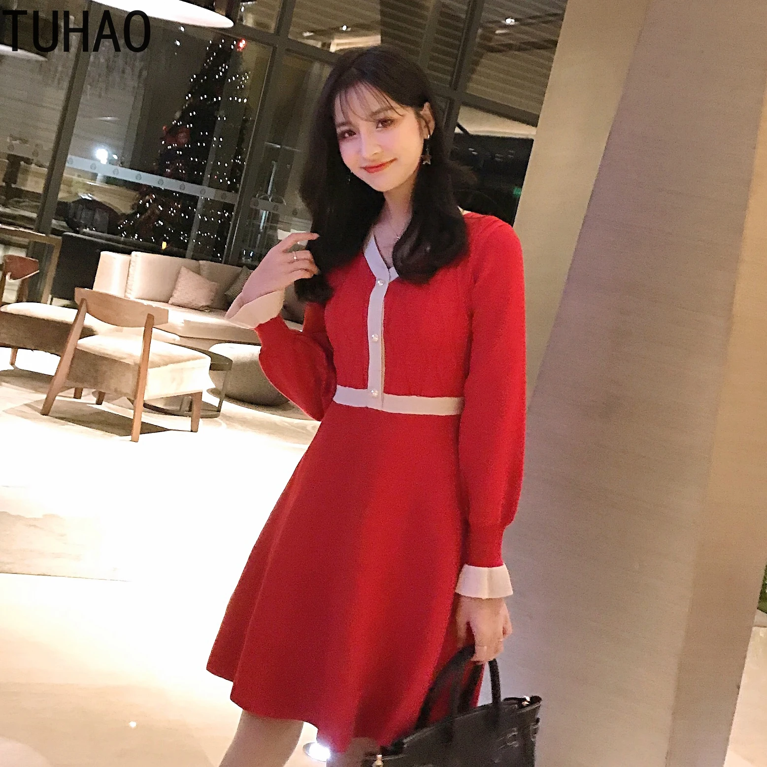 

TUHAO Red Party Dresses Vintage Midi Dress for Women Autumn Winter Long Sleeve Runway Elegant Club Evening Party Dresses LZ31