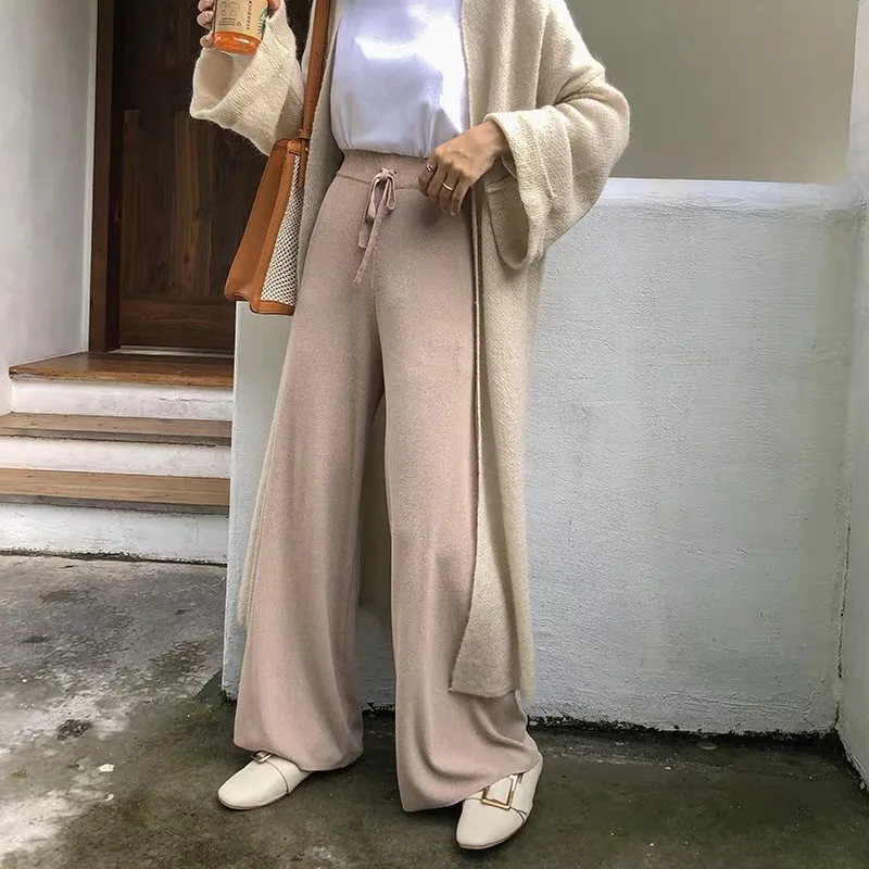 

Korean Women Knitted Wide Leg Pants 2019 New Autumn Winter Elastic High Waist Trousers Female Warm Thick Knit Casual Loose Pant