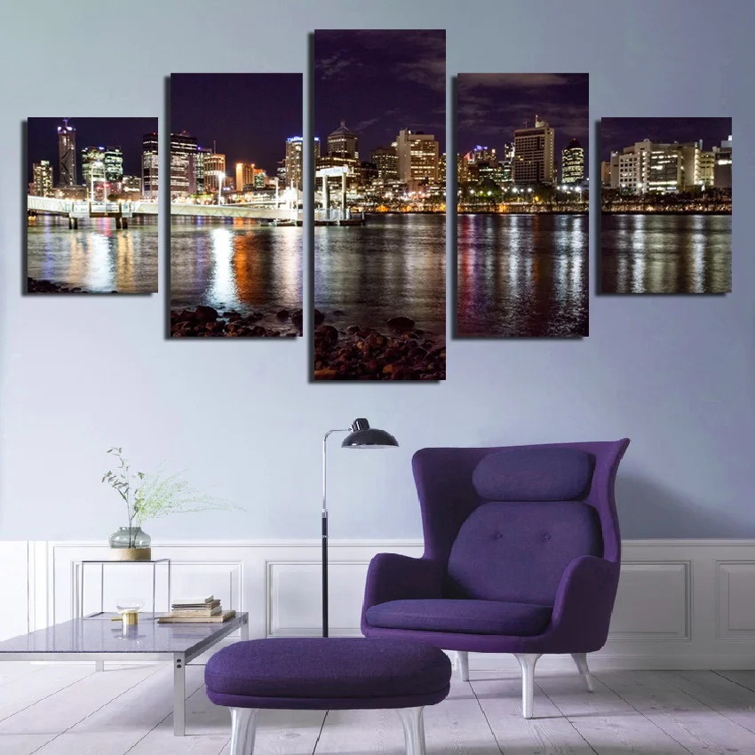 

Five-piece High-definition Mural Modern City Landscape High-rise Lakeside Plate Printing Poster Home Decoration Wall Picture