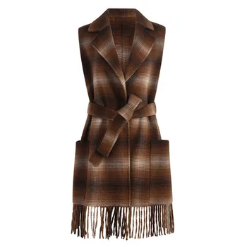 

HIGH QUALITY Newest Fashion 2020 Runway vest Women's Notched collar Sleeveless Sashes Tassel Plaid Wool vest coat