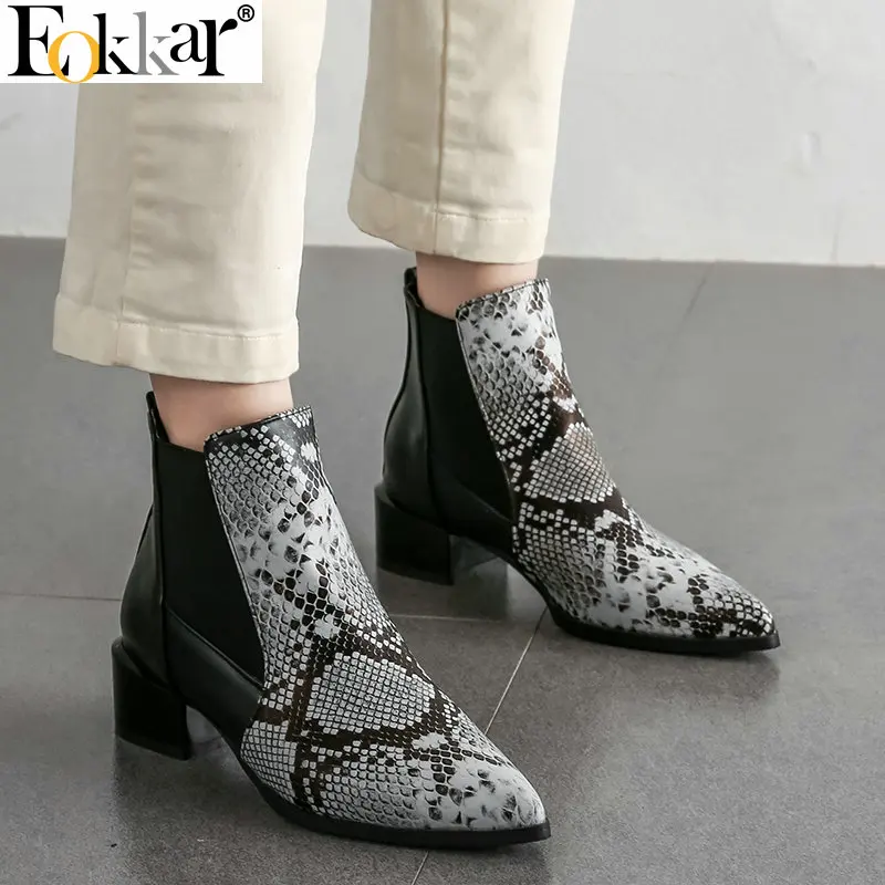 

Eokkar 2020 Women Snake Ankle Boots Pointed Toe Chelsea Boots Square Mid Heel All Match Elegant Ladies Boots Big Size 34-43