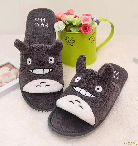 Totoro/Зимние плюшевые домашние тапочки с рисунком для пары; милые домашние тапочки; нескользящие теплые тапочки для спальни; totoro - Цвет: dark grey