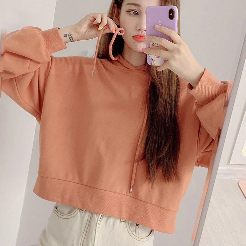 

Wild Sweatershirt Women Autumn Casual Simple Student Long Sleeve Solid Color Loose Hooded Sweet Short Pullover Sweatershirts new