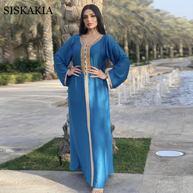 Siskakia Fashion Muslim Hijab Dress For Women Eid 2021 Turkey Arabic Dubai Moroccan Diamond Ribbon V Neck Long Sleeve Jalabiya 2