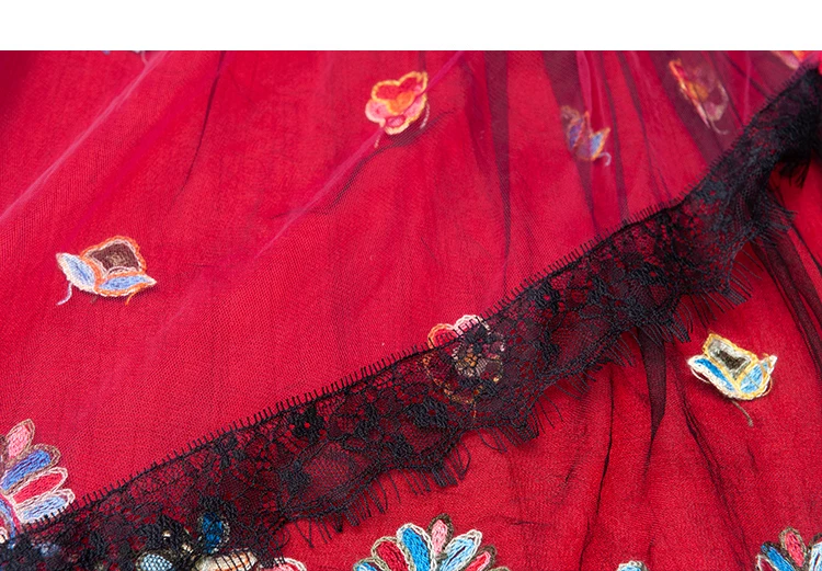 Women's Vintage boho Embroidery Mesh Long Skirt Asymmetric Big Hem Red Skirts