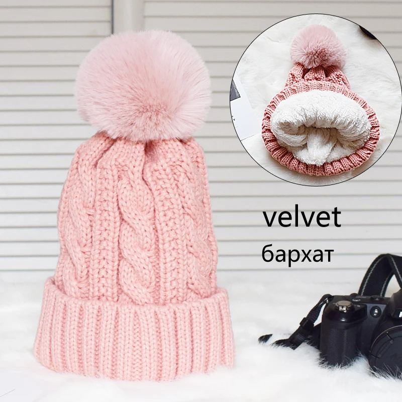 Плюс Вельветовая вязанная шерстяная зимняя женская шапка, Меховая вязанная шапка Skullies Beanies, Толстая теплая шапка с искусственным помпоном, женская шапка - Цвет: pink