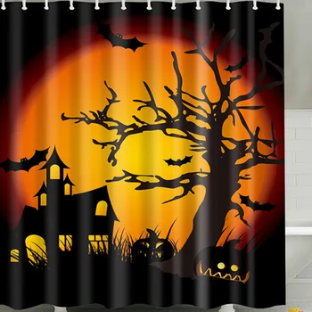

Halloween Shower Curtain Scary Night Pumpkin Tree Castle Shower Curtains Waterproof Bathroom Fabric For Bathtub Art Decor