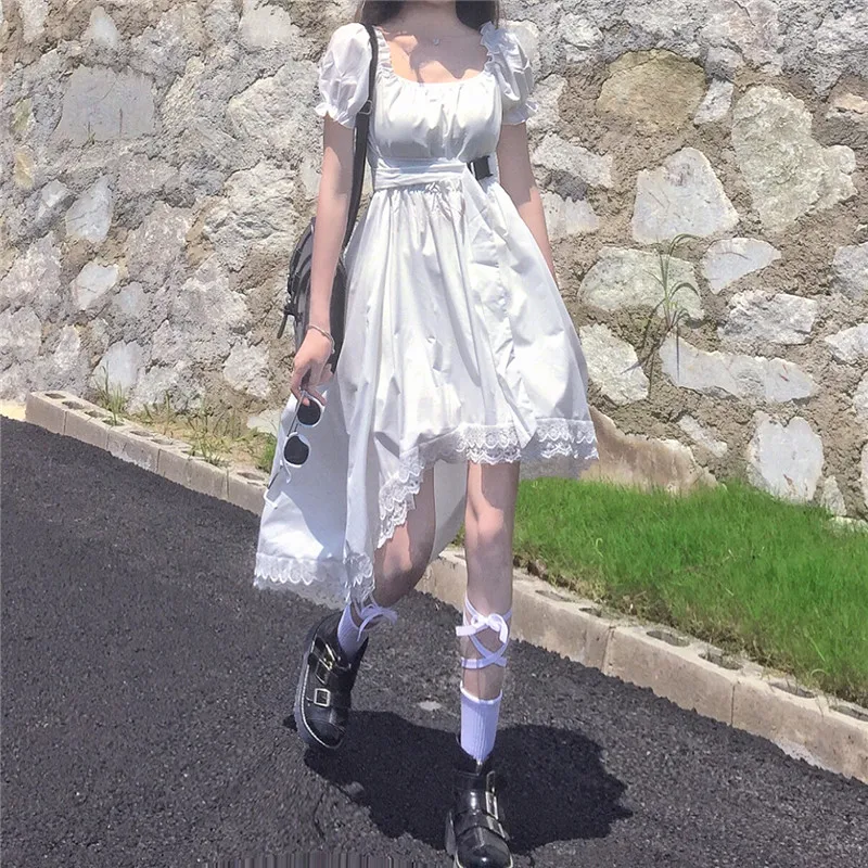 Korean Elegant Women Dress Square Collar Vintage Puff Sleeve Irregular Dress High Waist A-Line Sweet Lace Splice Japanese Dress Korean Elegant Women Dress Square Collar Vintage Puff Sleeve Irregular Dress High Waist A-Line Sweet Lace Splice Japanese Dress