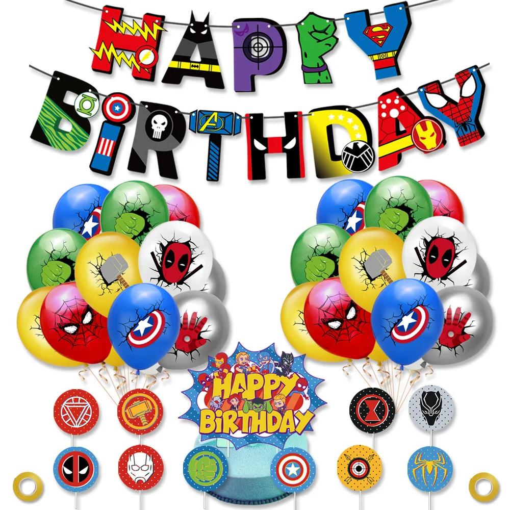 

Super Hero Balloons Set Banner Pull Flag Cake Topper Combo Set Boy Kids Toys Baby Shower Ball Happy Birthday Party Decoration