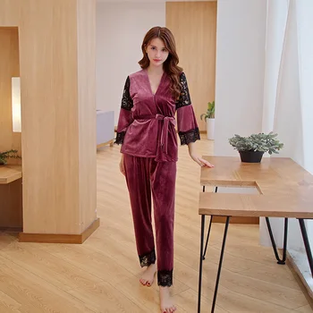 

Lace Patchwork Female Sleepwear Pajamas Suit Sexy Perspective Bell sleeve 3PCS Top&Pants Nightwear Velvet Sleep Set Negligee