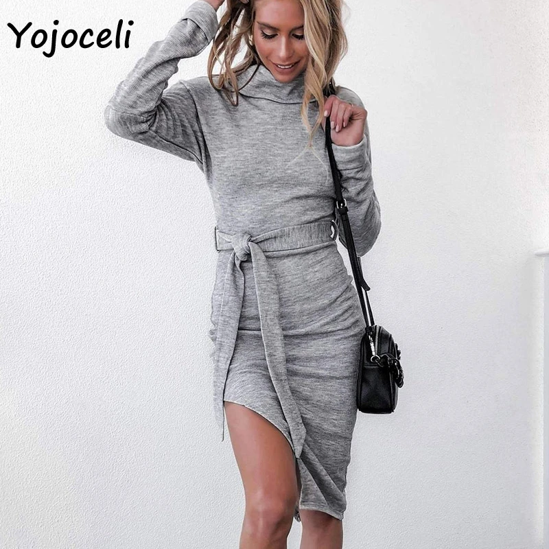 Yojoceli/Повседневное трикотажное платье с высоким воротом и бантом 2019 г. Осенне