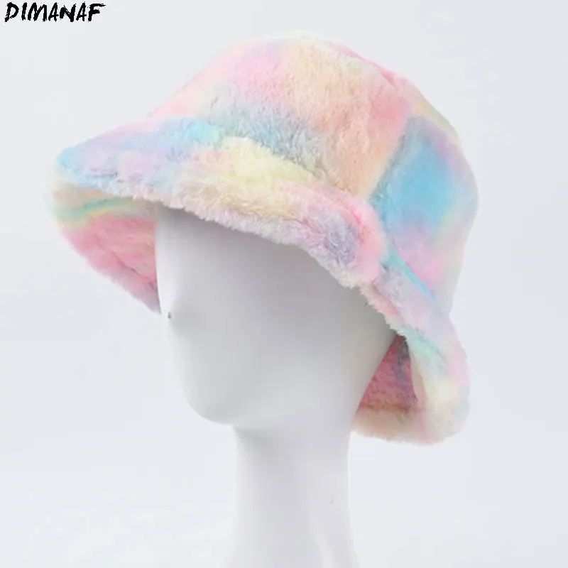 

DIMANAF 2020 New Winter Bucket Hat Women Tie Dye Fashion Rabbit Fur Warm Female Cap Snow Thick Wool Ski Cap Outdoor Foldable Hat