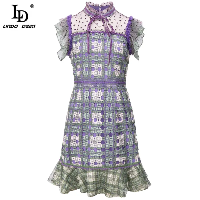 

LD LINDA DELLA Fashion Designer Autumn Dress Women Bow Tie Ruffles Lace Patchwork embroidered Vintage Hollow Out Short Dress