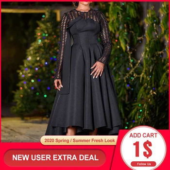 

Elegant Long Sleeve Little Black Draped Party Dress Sexy Cut Out See Through Tunic High Waist Women Evening Office Midi Dresses