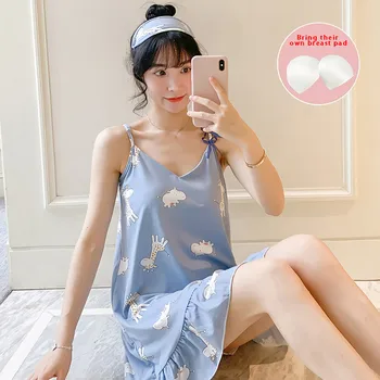 

2020 Summer Night Dress Women baby blue Nightgown Cartoon Print Sleepshirts Sleeveless Nightie Nightdress ruffled Sleepwear #C