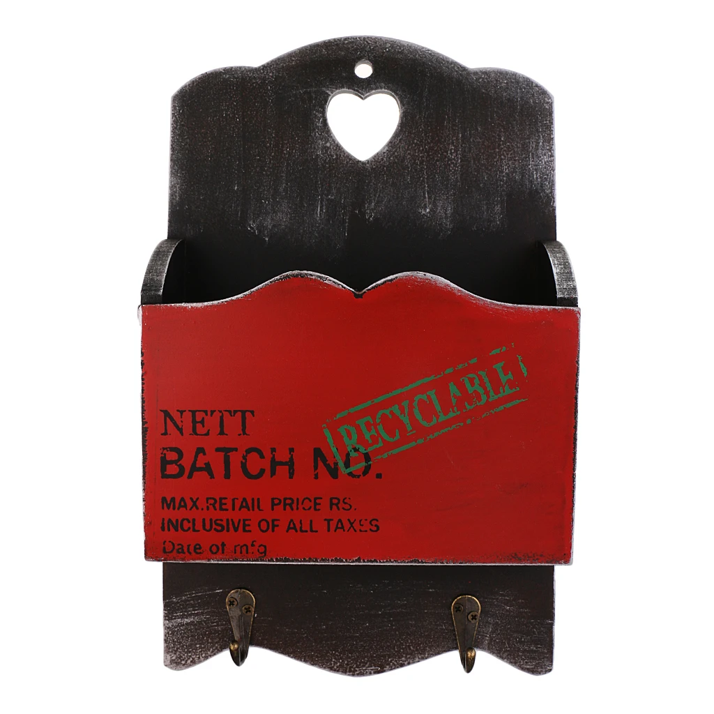 Wooden Mail Letter Holder Key Rack Organizer Wall Mount w/ 2 Hook Decor for Home Garden House Cafe Shop Ornament