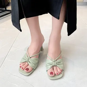

Sweet Bow High Heel Slippers Sandals Women Pu Leather Open Toe Slides Summer Candy Colors Thick Heel Slippers Women 2020