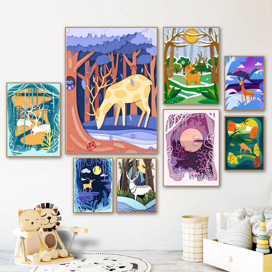 

Cartoon Fairy Sika Deer Forest Sun Moon Nordic Posters And Prints Wall Art Canvas Painting Nursery Wall Pictures Kids Room Decor