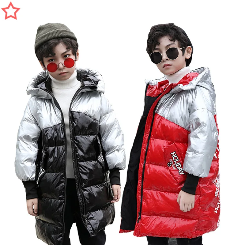 Детская зимняя куртка г. Модная крутая теплая зимняя куртка-пуховик с капюшоном и блестками, парки для девочек и мальчиков-подростков, плотное длинное пальто для детей