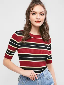 

ZAFUL Stripes Ribbed Crew Neck Knit Tee For Women Crew Neck Long Sleeve Short Tops Female Slim Pullovers Newest 2019