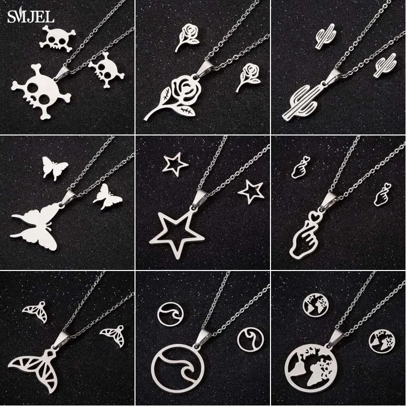 

SMJEL Fashion Stainless Steel Butterfly Earrings for Women Kids Jewelry Set Cactus Flower Map Necklaces Ohrringe Punk Christmas