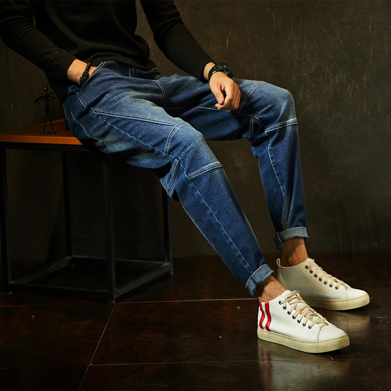 Размера плюс 46 48 осенние Для мужчин Уличная простой цвет синий, черный; Большие размеры 34–43 Slim fit Прямые джинсы в стиле хип-хоп, хлопок, повседневные, джинсовые Штаны