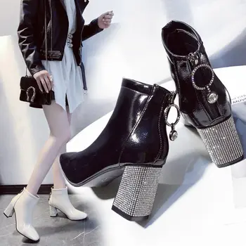 

Square Toe Short Boots Woman 2020 Fall/Winter Shoes Women High Heeled Boots Rhinestone Chunky Heel Female Booties Large Size
