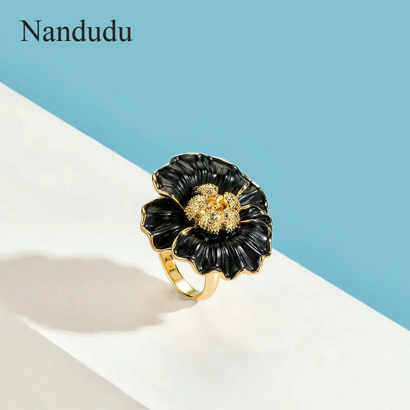 Nandudu Новое поступление золотой черный металлический цветок модное кольцо для женщин модные вечерние кольца подарок аксессуары подарок R2157
