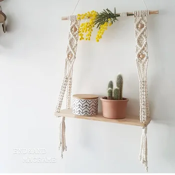 

Home Decoration Macrame Rope Tapestry Rack Wooden Shelf Floating Shelf Plant Rack Hanging Rope Wall Shelves Crafts