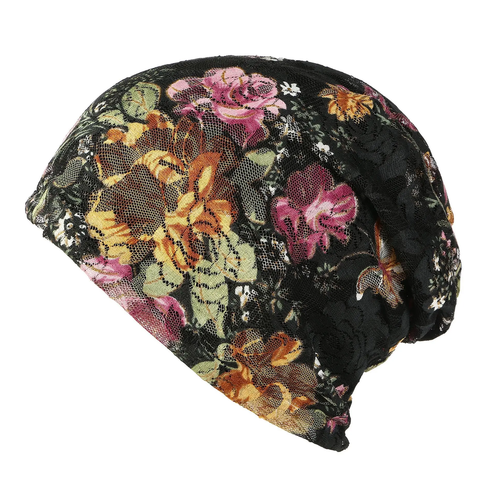 

Casual Caps Girl Lace Print Double-layer Wild Breathable Toe Hats Female US Rapper Suitable for Street Charm Ponytail Beanie