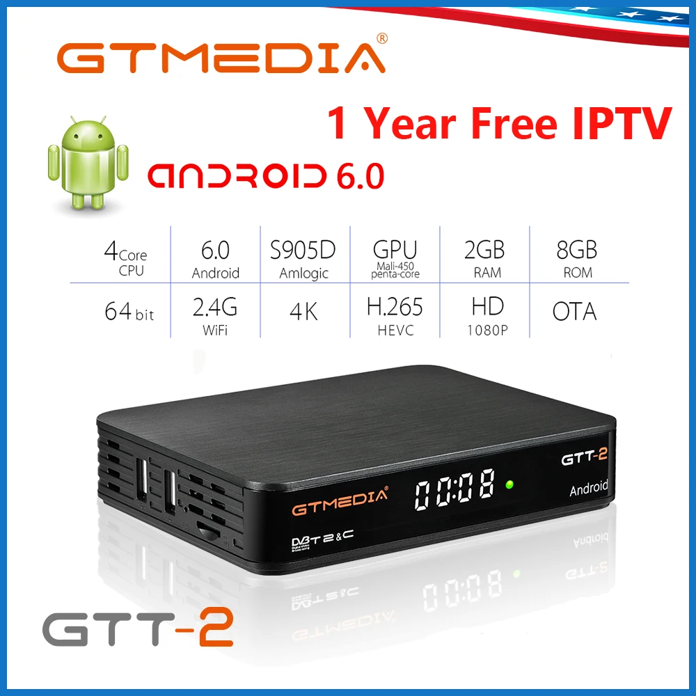 GTMEDIA GTT2 Smart tv box DVB-T2/Cable(J83A/C)/ATSC-C/ISDBT android 6.0 2GB 8GB Bluetooth Netflix 4K H.265 WiFi IPTV Android box
