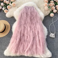 

2022 Spring Summer New Pink Tulle Skirt Vintage Women Elastic High Waist Mesh Skirts Maxi Pleated Tutu Skirt Female Jupe Longue