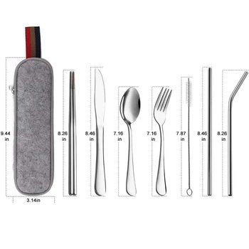 

7PCS Portable Tableware Flatware Dinnerware Cutlery Utensil Fork Spoon Straw Knife Chopsticks Brush Tableware With Storage Bag
