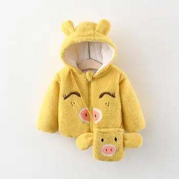 

Winter Baby Girls Long Sleeve Hooded Cartoon Pig Eyelash Thick Fleece Warm Jackets Children Kids Outerwear Coats + Bag Casaco