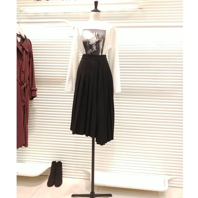 Высокое качество, Осень-зима, винтажная плиссированная юбка для женщин, Корейская однотонная офисная юбка средней длины с высокой талией, Saia Jupe Femme - Цвет: black