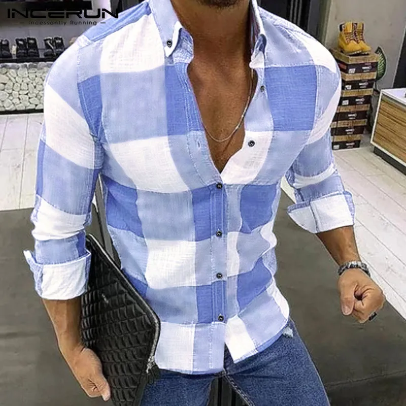 INCERUN Fashion Plaid Men Shirt Casual Long Sleeve Lapel Blouse Fitness Chic Brand Streetwear Shirts Men Camisa Masculina S-5XL
