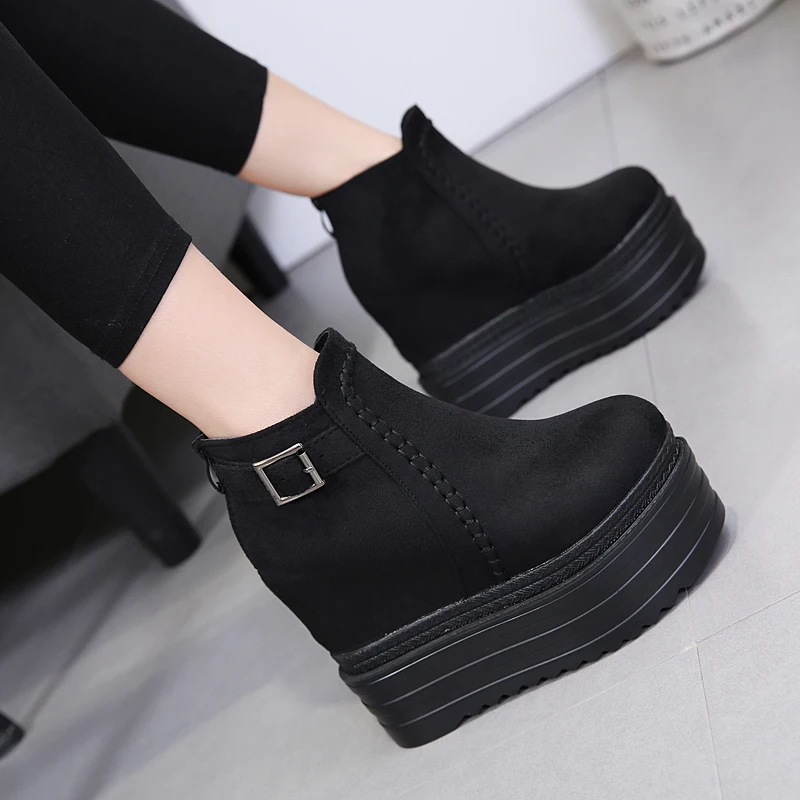 

2019 Spring Autumn Ankle Boots Women Platform Boots Rubber Sole Buckle Black Leather PU High Heels Shoes Woman Comfortable 12cm