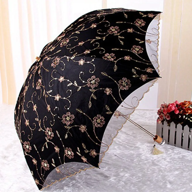 

Женские складные зонты с кружевными цветами, зонты с защитой от УФ-лучей, солнца, дождя, зонты с вышивкой и розовым цветочным принтом, зонты принцессы