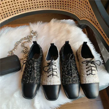 

Mixed Colors Autumn Casual Woman Platform Shoes Shallow Mouth Square Toe Dress Flats Women Fall Retro New Knitting Fabric