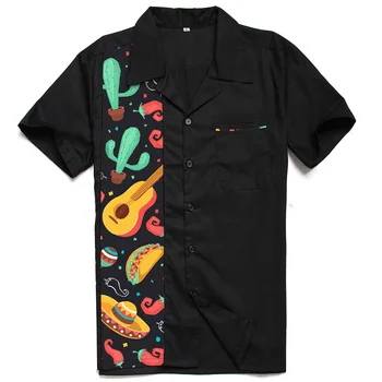 

50s 60s Black Floral Casual Shirt Punk Style Cotton Men's Music Stitching Tie-Style Short-Sleeve Mens Shirts 2020 Spring New