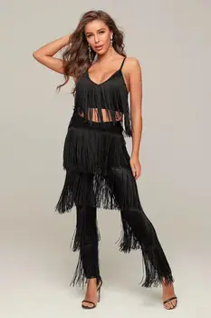 

Top Quality Sexy V Neck Black Tassel Two Piece Bandage Set 2020 Celebrity Designer Fashion Women's Set