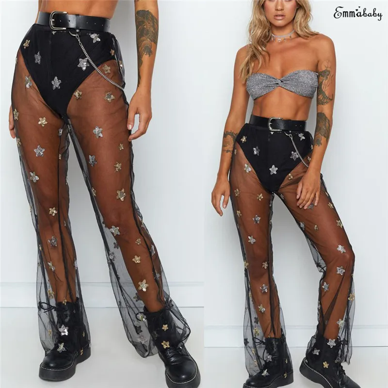 

Women Sexy See through Mesh Sheer Wide Leg Pants Flared Trousers High Waist Club Summer Black Mesh Striped Long Pant Cover Ups