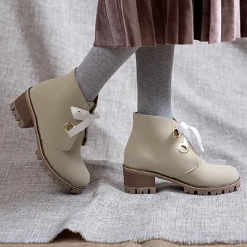 

Women's Square Heel Ankle Boots 2019 Ladies' Autumn Winter Lace Up Zip Platform Boots Fashion PuLeather Shoes Size35-39