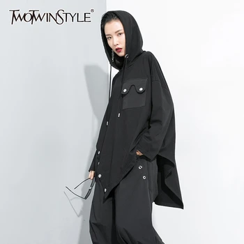 

TWOTWINSTYLE Patchwork Rivet Women's Sweatshirts Hooded Long Sleeve Irregular Hoodies Female 2020 Autumn Streetwear Fashion New