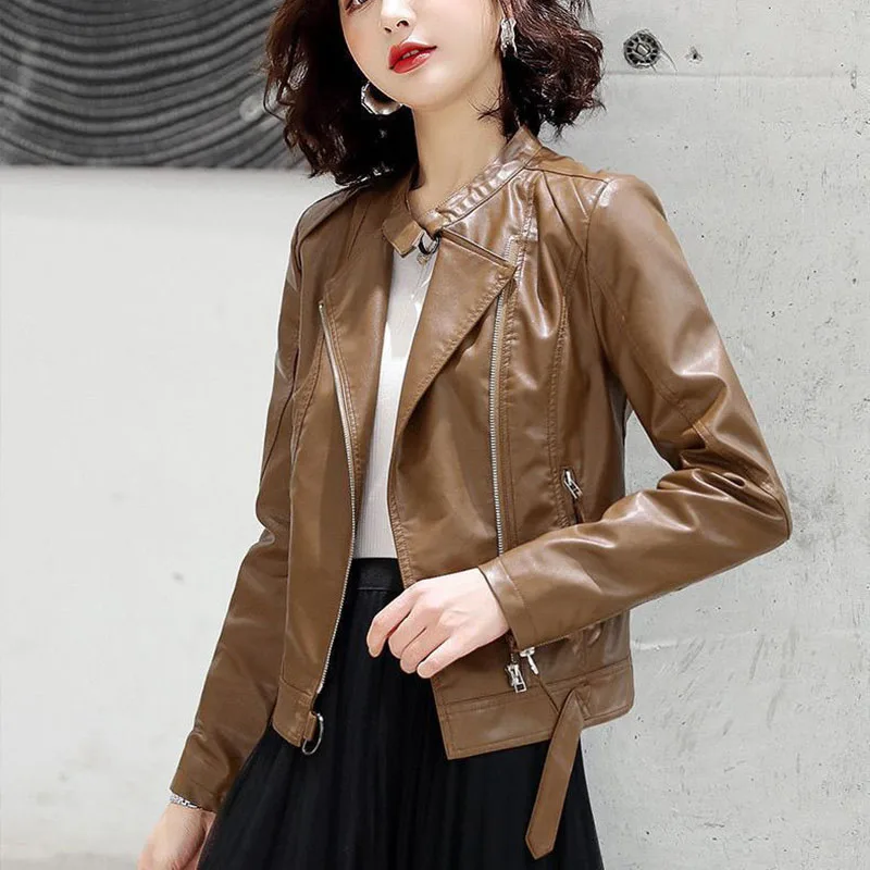 

2023 Spring And Autumn New Leather Women Clothing Short Coat Slim Women Motorcycle Leather Jacket