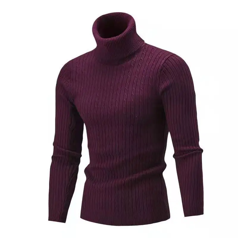 Wine red Джерси grueso y catido de cuello alto de invierno para hombre, трикотажные изделия de marca de cuello alto para hombre, Джерси ajusta - Цвет: Wine red