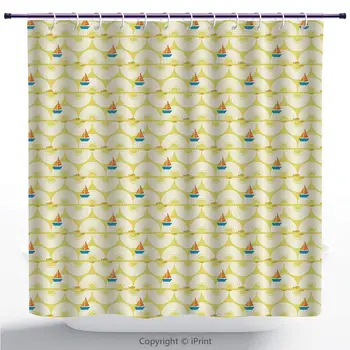

Personalized Shower Curtain/Nursery, Marine Theme Cartoon of Boats and Fish with Halved Rounds Nautical Sailing Doodle,