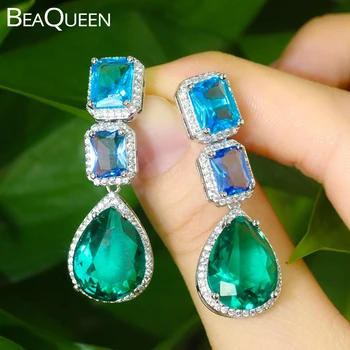 

BeaQueen Chic Blue Green Cubic Zircon Crystal Dangle Earrings for Women Water Drop Square CZ Wedding Jewelry Accessories E398